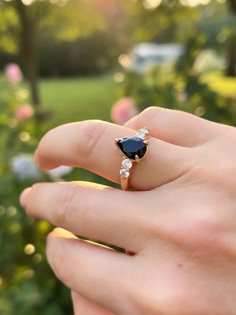 Black Onyx Cubic Zirconia Stone with Rose gold Plating size 7